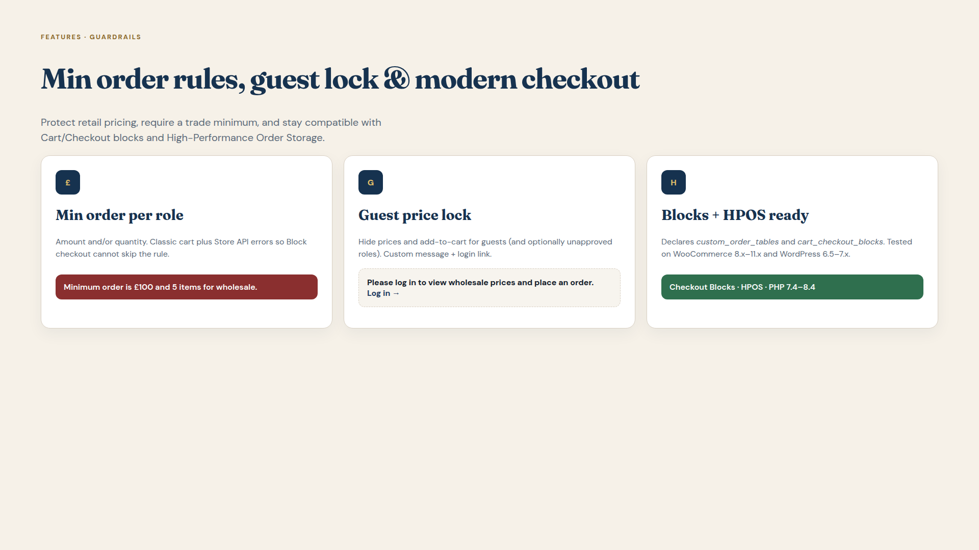 Feature frame covering minimum order, guest lock, and HPOS plus checkout blocks.