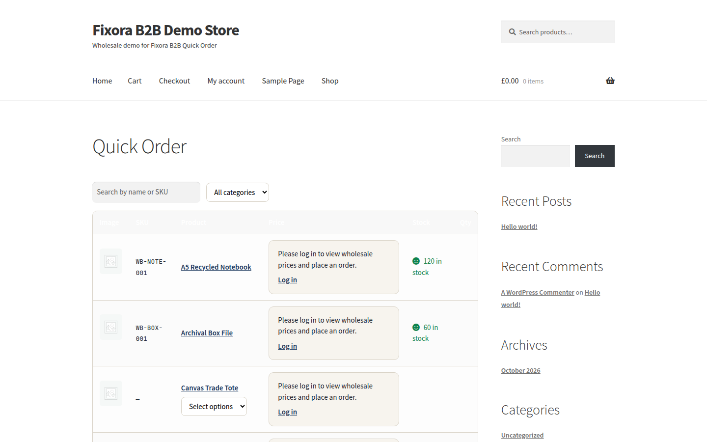 Guest view of the Quick Order table with prices hidden behind a login message.