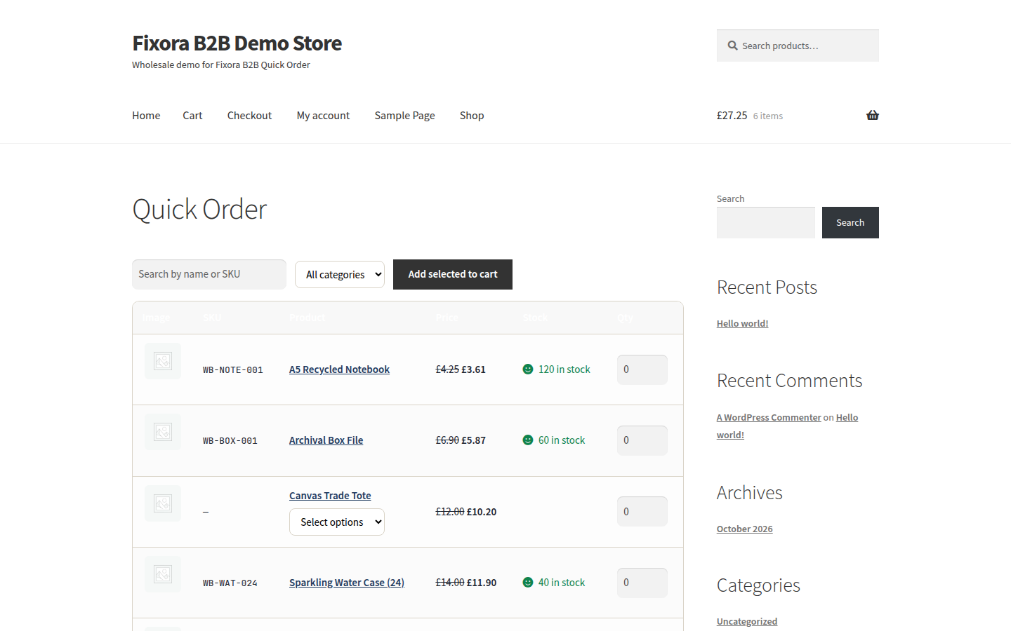 Wholesale customer view of the Quick Order page with role prices in the table.