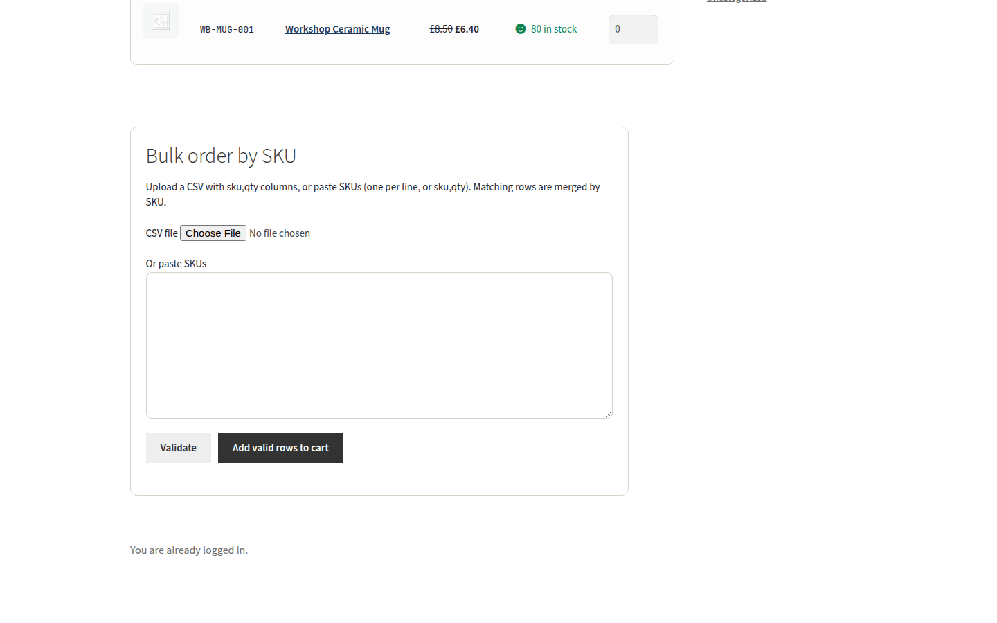 CSV bulk order form with file upload and paste SKUs field.