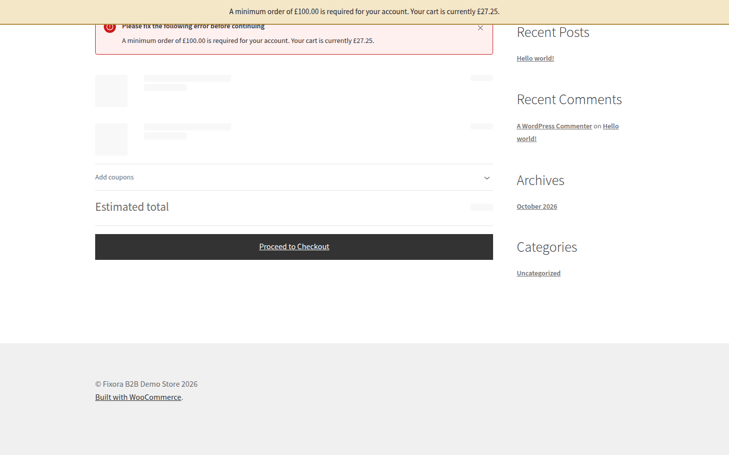 Cart notice showing a wholesale minimum order that has not been met.