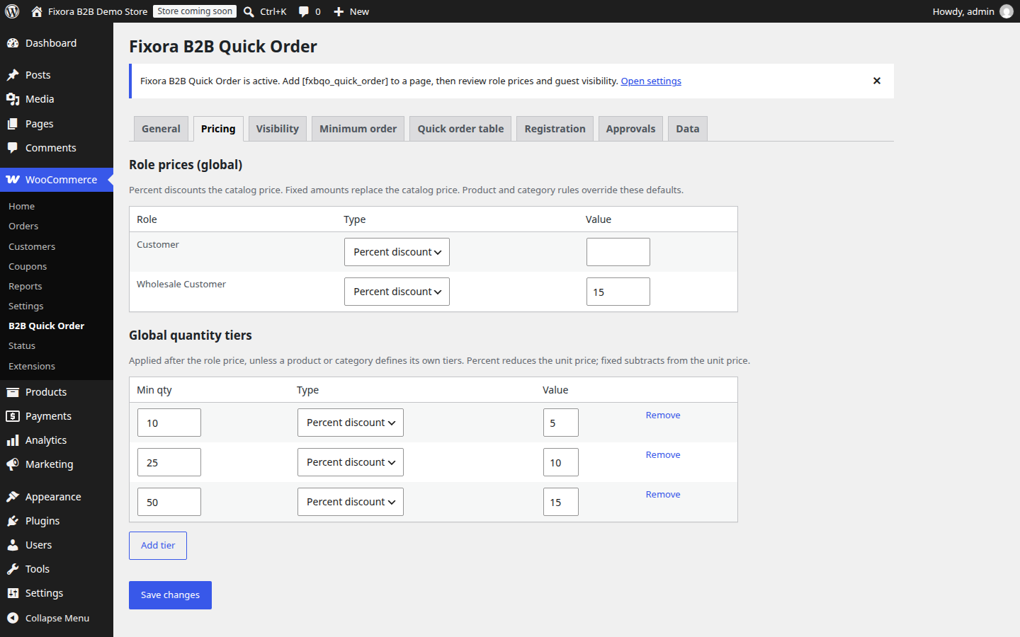 WordPress admin Pricing tab with wholesale role discount and quantity tiers.