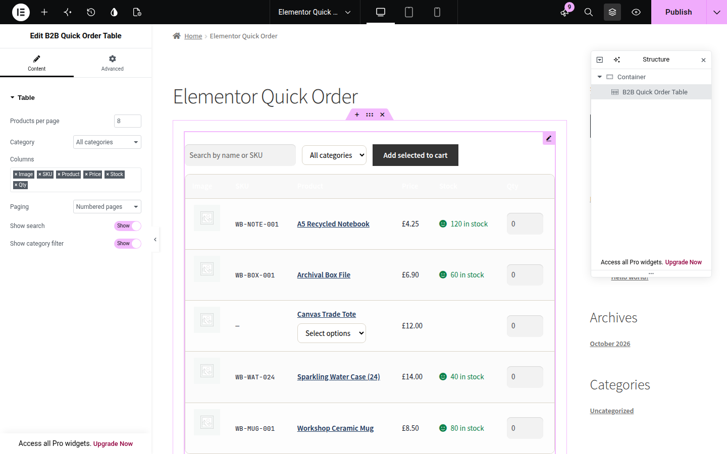 Elementor editor showing the B2B Quick Order Table widget and its controls.